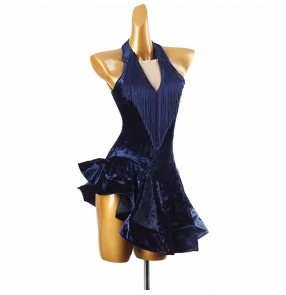 Royal blue navy velvet fringe latin dance dresses for women girls halter neck salsa rumba chacha performance costumes for female